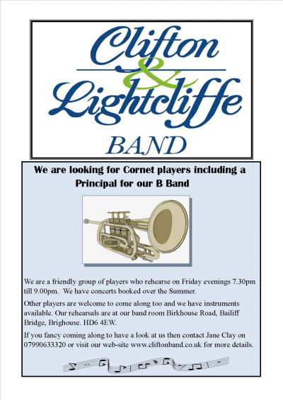 Cornet players wanted for B Band